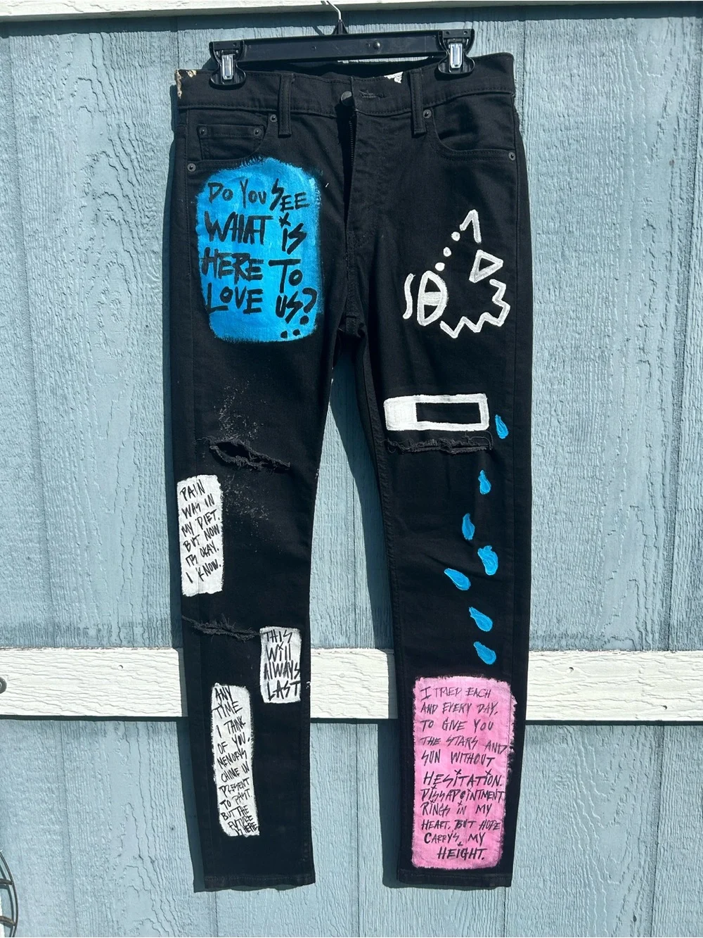 Hand-Painted Black Skinny Jeans with Blue & Pink Graffiti on Levi 510 jeans New
